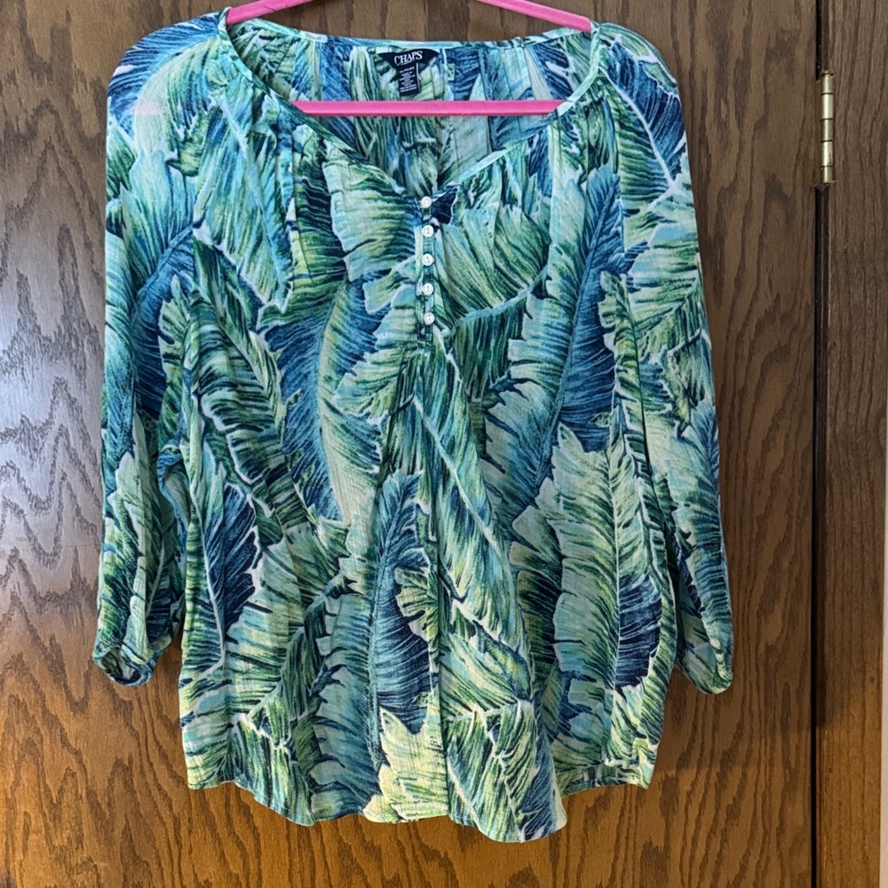 Chap’s Blue and Green Tropical Print Blouse Size XL